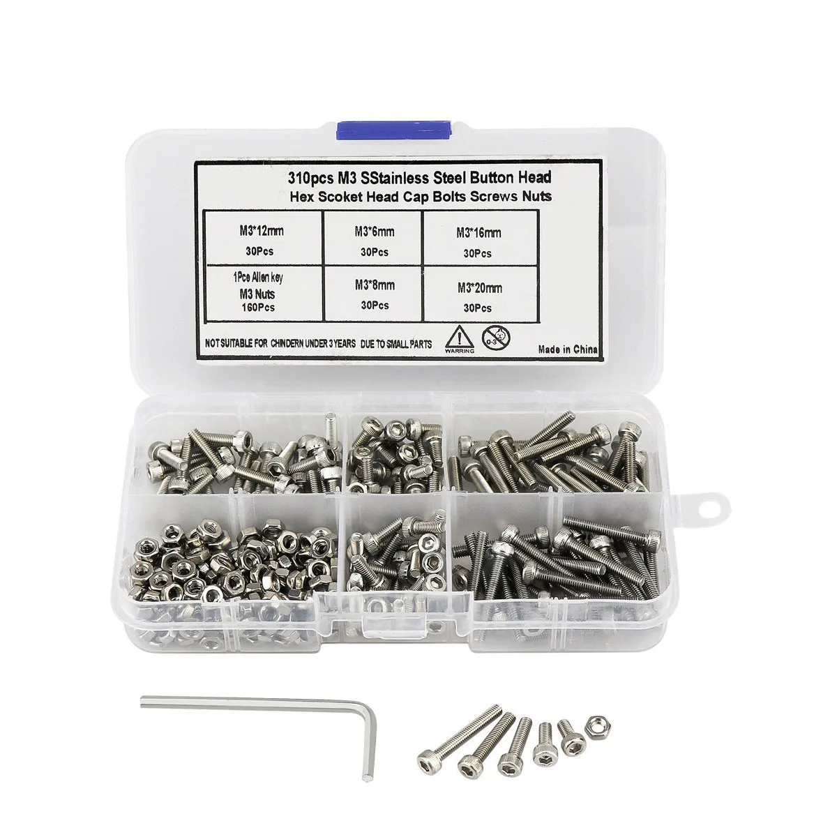 

M3 Stainless Steel Hex Socket Head Cap Screws Nuts Assortment Kit, Hex Wrench Drive, Precise Metric Bolts 310 Pcs (Silver)