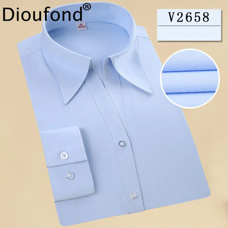 Dioufond 2018 النساء الصلبة العمل ارتداء البلوزات القطن الصلبة الأبيض السيدات مكتب قميص صالح سليم بدوره إلى أسفل طوق V الرقبة النساء قمصان