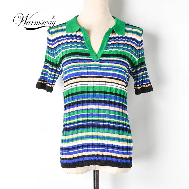 

summer short-sleeved Turn-down Collar women's large size stripes slim new Harajuku Vintage viscose blend Tee tops B-162