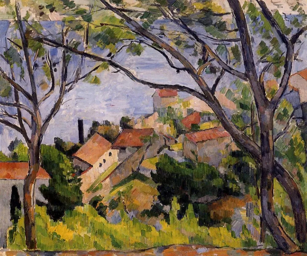 

100% ручная работа Картина маслом Размножение на льняном холсте, l-estaque-view-through-the-trees-1879 Павлом сезанной, картины маслом