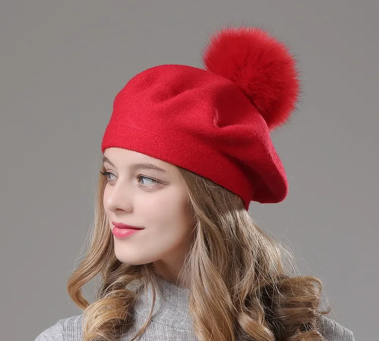 [Rancyword] женский берет, вязаная шерстяная шапка, шерстяные береты, натуральный мех, помпон, берет, шапка, высокое качество, женские зимние шапки, шапочки RC2047 - Цвет: Red Color