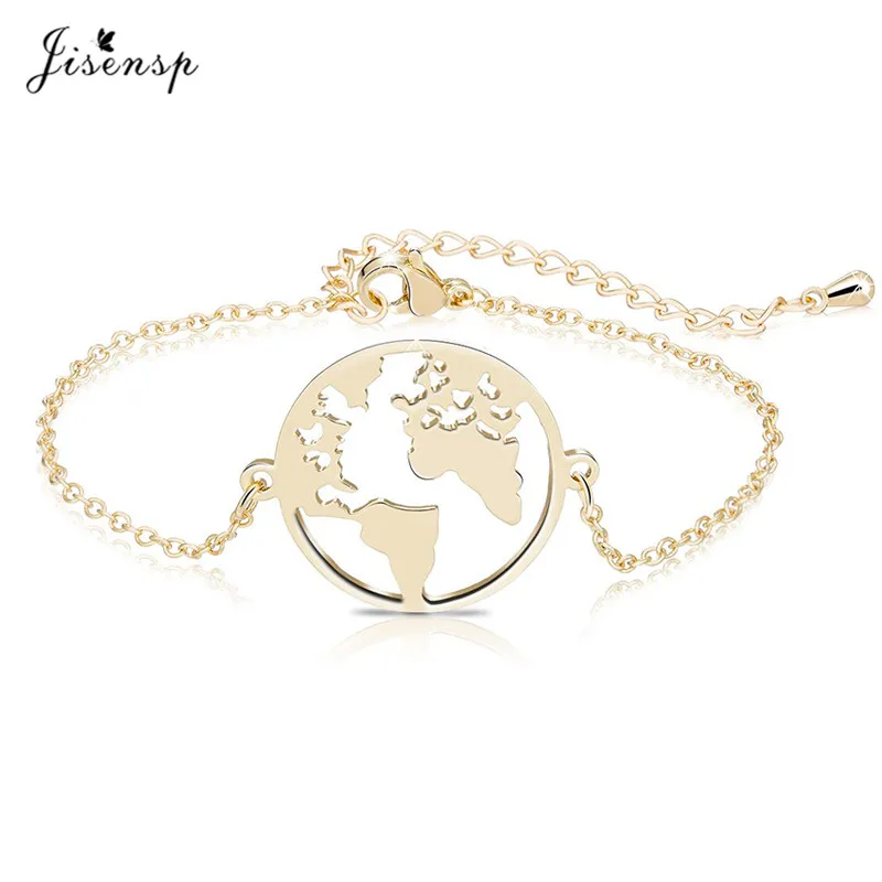 

Jisensp Trendy World of Map Bracelets Gold Adjustable Bracelet Stainless Steel Jewelry Traveler Gift Friendship Bijoux Femme
