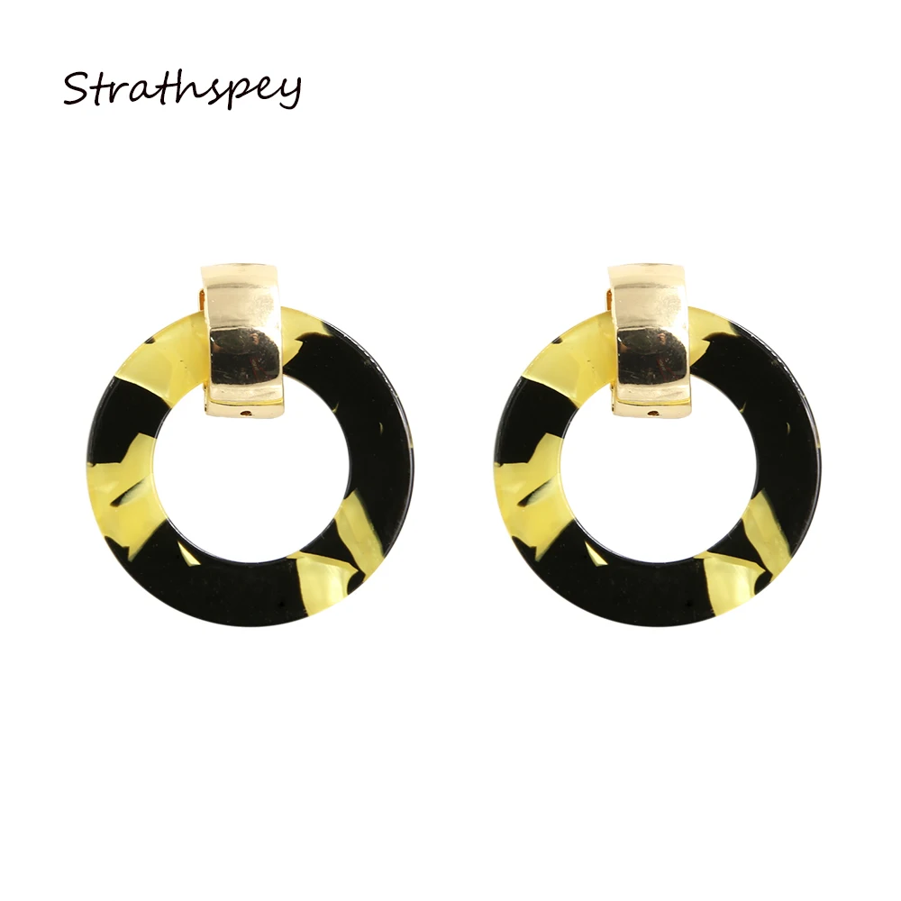 

Top Popular Gift Acrylic Round Pendant Dangle Simple Drop Earrings Big Circle Black And Yellow Hoop Earrings For Women Jewelry