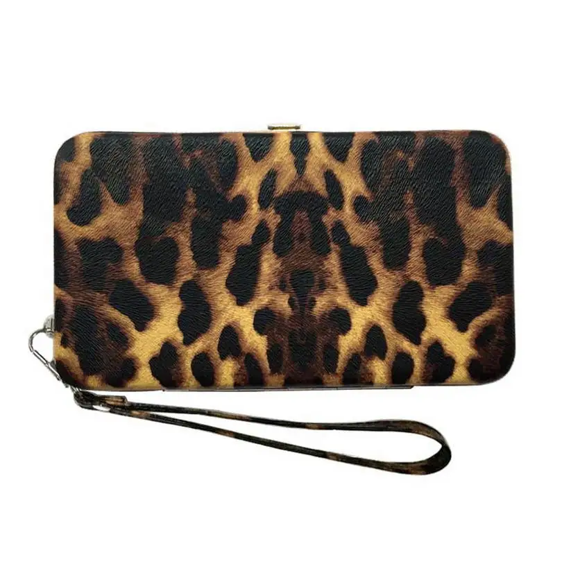KANDRA женский леопардовый шарнирный кошелек Модный Кожаный клатч на ремешке Длинный кошелек для телефона сумка для денег монета Карманный держатель для карт - Цвет: Brown