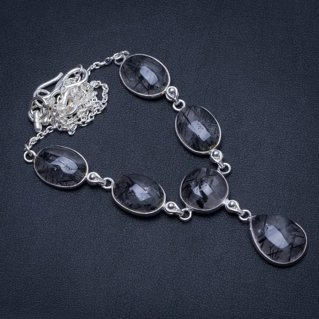 

Natural Tourmalinated Quartz Handmade Indian 925 Sterling Silver Y Necklace 15.5" T8682