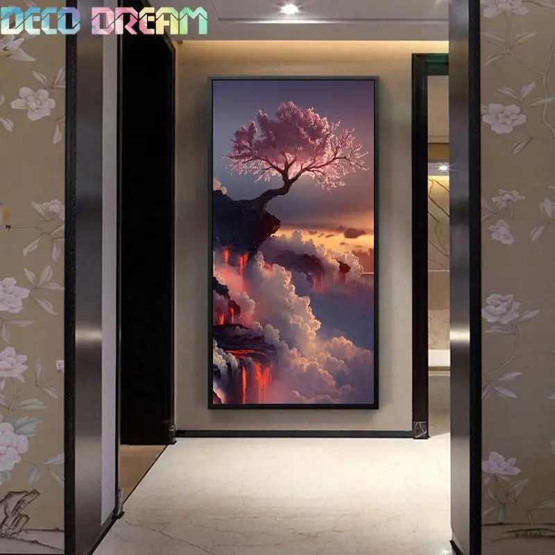 

Diy Full Pebble Round Diamond Painting Rhinestones Embroidery Kit Cherry Blossoms In Volcano Scenery Mosaic Decor As Hobby Gift