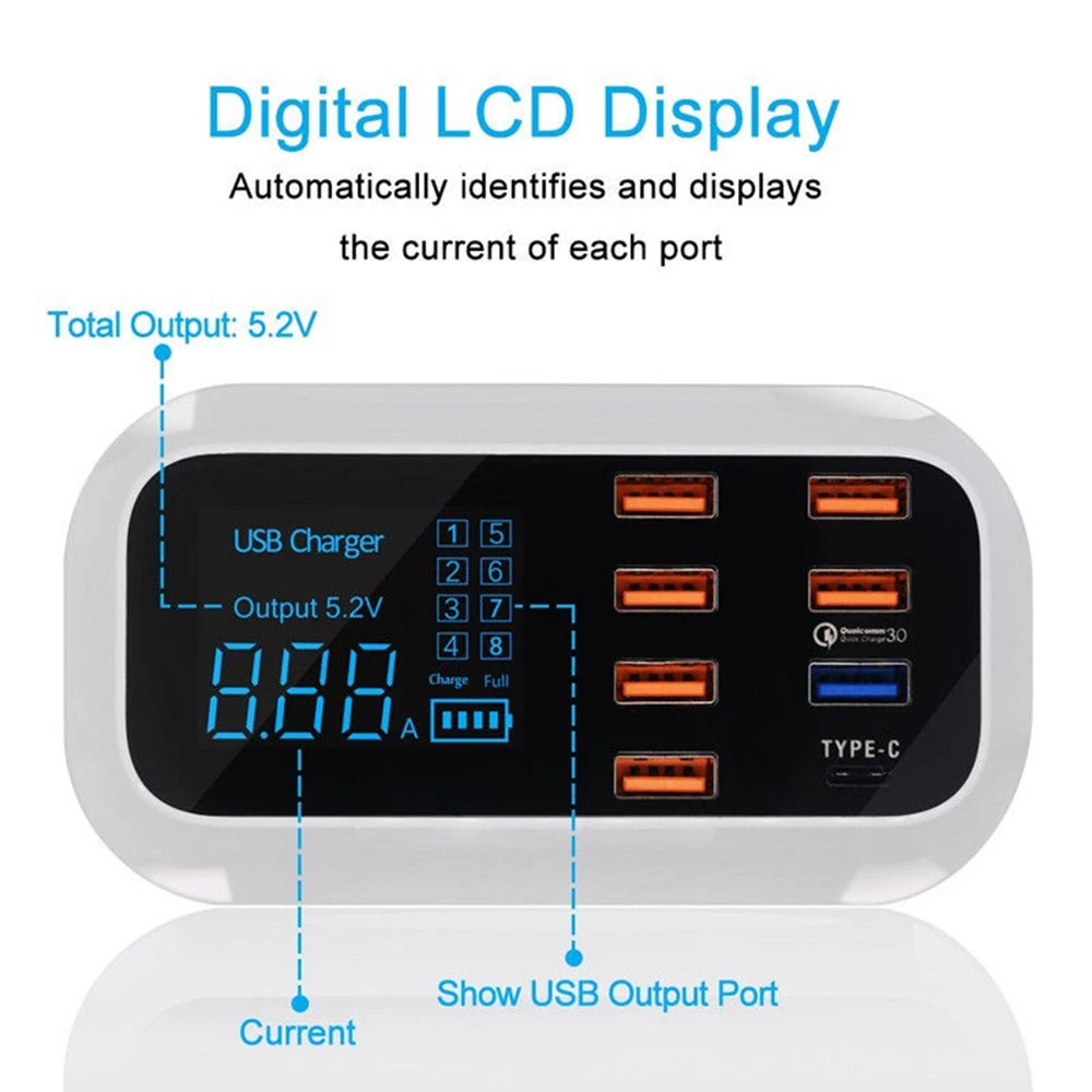 New 8 Port USB QC Power Adapter Quick Charger Stand with LED Display for iPhone Android Smart Phone Charger