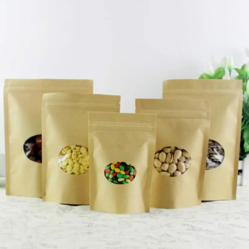 100pcs/lot Kraft Packing Bag With Zip Lock Round Window In Front Snacks Storage Package Paper Bags 19041201