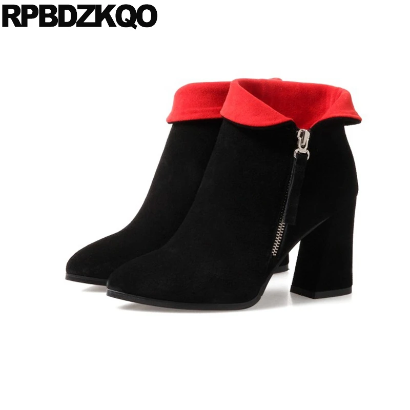 

Ankle Luxury Genuine Leather Suede Black Fall 2017 Side Zip Boots High Heel Pointed Toe Booties Chunky Short Shoes Female Ladies