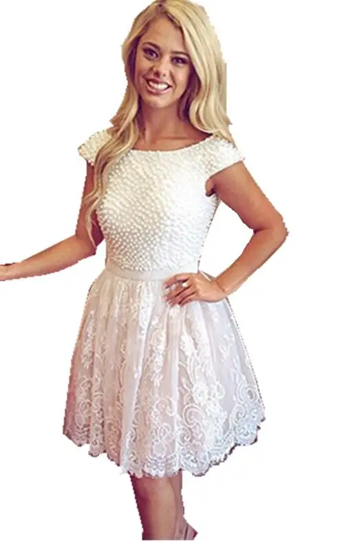 

Fashion A-line Short Sleeve Pearls Sexy Backless Evening Dress 2017 Custom made vestido de festa White Short Party Prom Dresses
