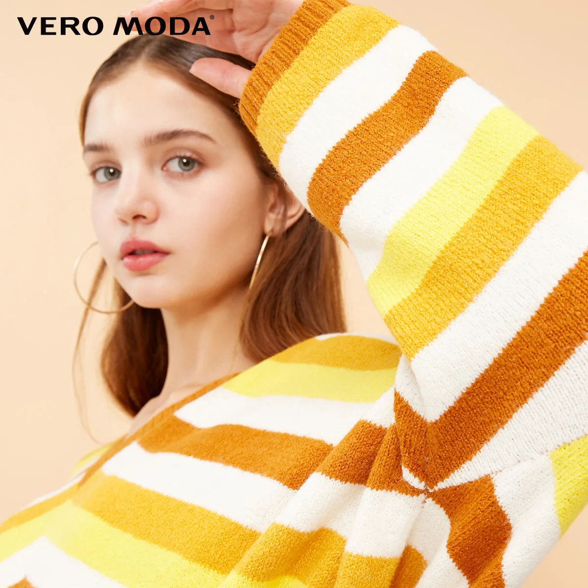 Vero Moda Новая женская Свободная одежда в полоску с v-образным вырезом с заниженным плечом уличная вязаная одежда | 318413502