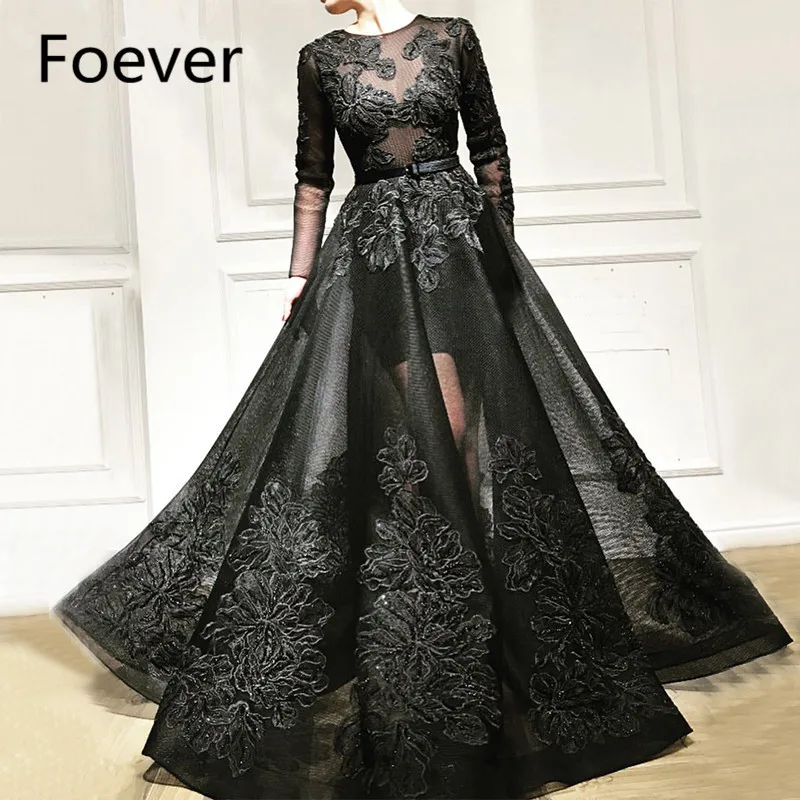 

2019 Reflective Vintage Black O-Neck Handmade Flowers Evening Dresses Long Sleeves A Line Sexy Evening Prom Gowns