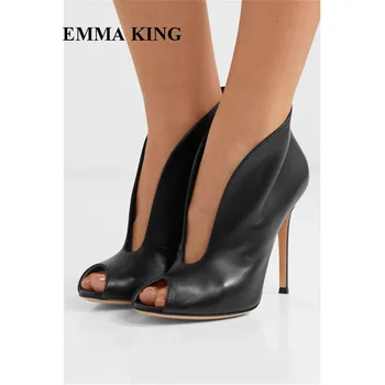 

EMMA KING Sexy Open Toe Black Booties Super High Heels V Shape Shallow Ankle Boots For Women Slip-on Casual Summer Sandals Boots