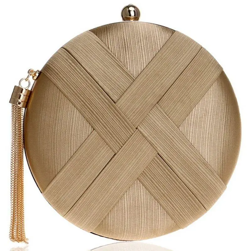 

Womens Silk Circle Evening Clutch Tote Purse Bag With Tassel Pendant For Wedding Prom Party Gold