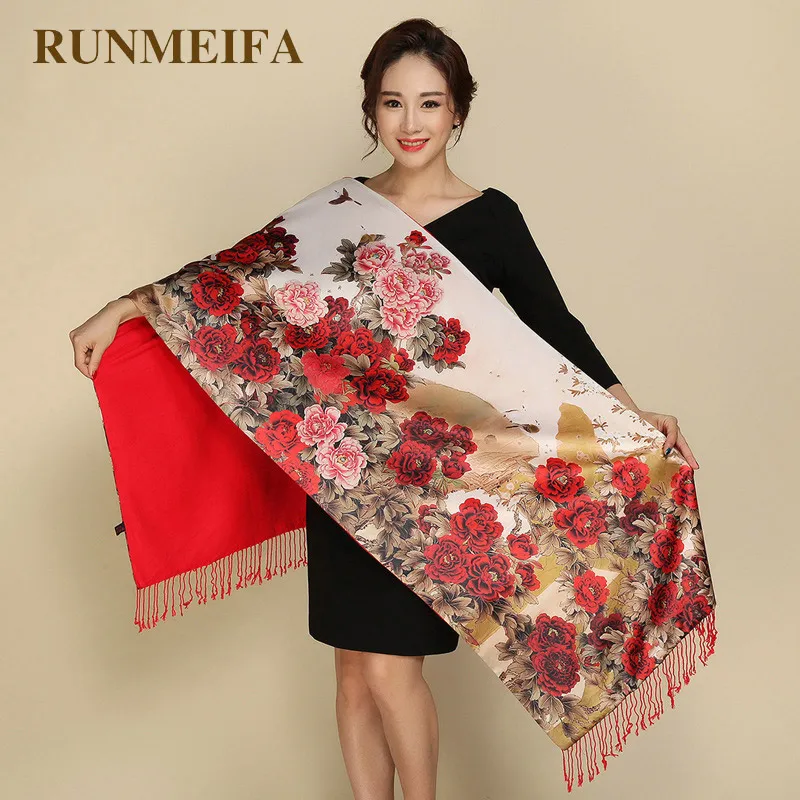 Ceny RUNMEIFA styl wiejski Pashmina dwustronna kurtka kobiety szale jedwabne kaszmirowy szalik w stylu retro w stylu ludowym Tippet ciepła z nadrukiem szalik