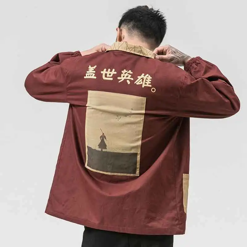 MRDONOO Windbreaker men's long section of the print personality shirt autumn loose retro Chinese style men's jacket tide JK15