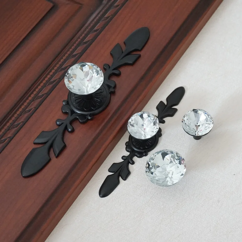 Crystal Glass Drawer Knobs Black Back Plate Dresser Knob Wardrobe