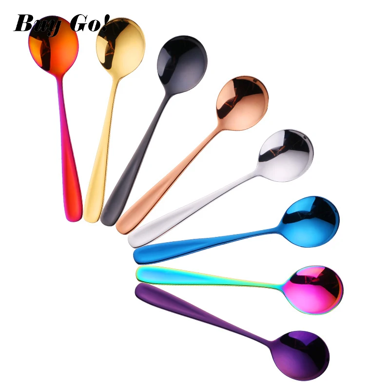 

1PCS Stainless Steel Spoon Ice Cream Spoon Iridescent Rainbow Children Round Spoon Tea Coffee Gold Colorful Scoops Cutlery Sets