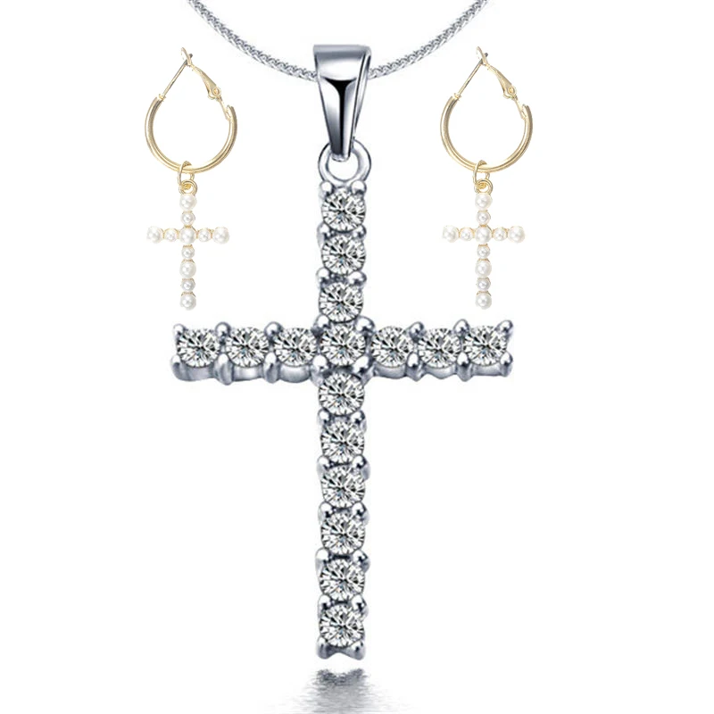 Cruz de Diamantes de Imitación de Cristal Pendientes Brillante de aretes de perlas de imitación 6A