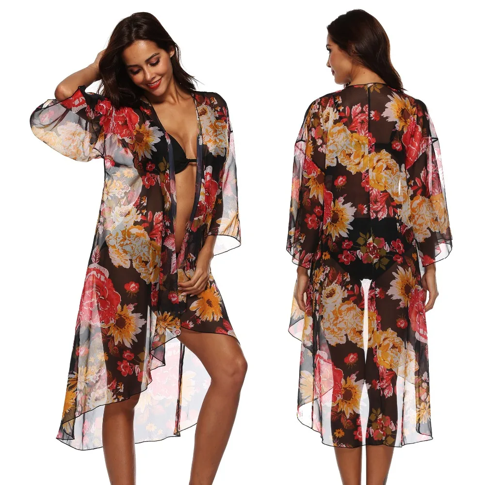 

Beach Dress Robes Chiffon Shawl Beach Cover Robe De Plage Flower Pattern Print Irregular Cardigan Comfortable Sexy Robe