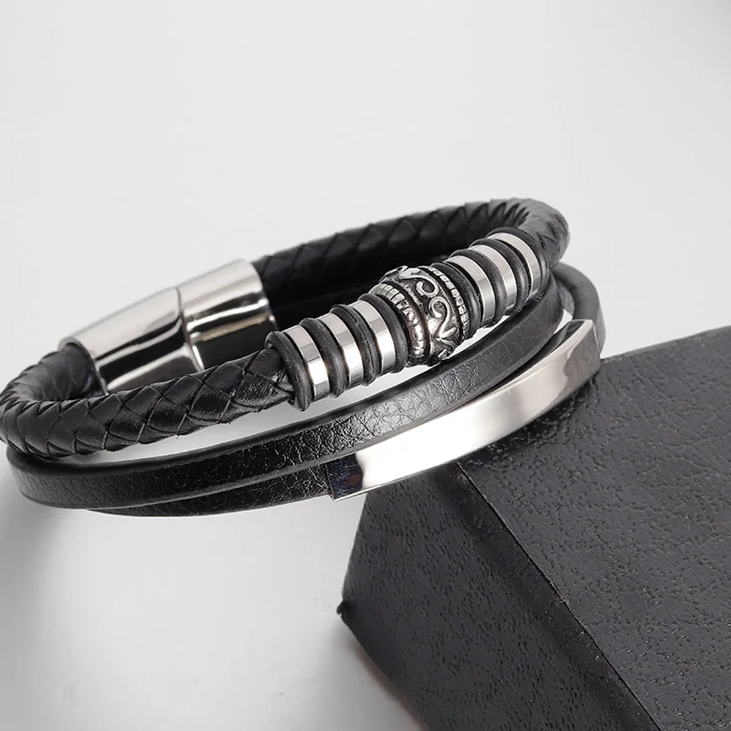 Punk Brown Genuine Leather Bracelet Braided Rope Chain Stainless Steel Wristband Magnetic Clasp Men Jewelry Vintage Gift