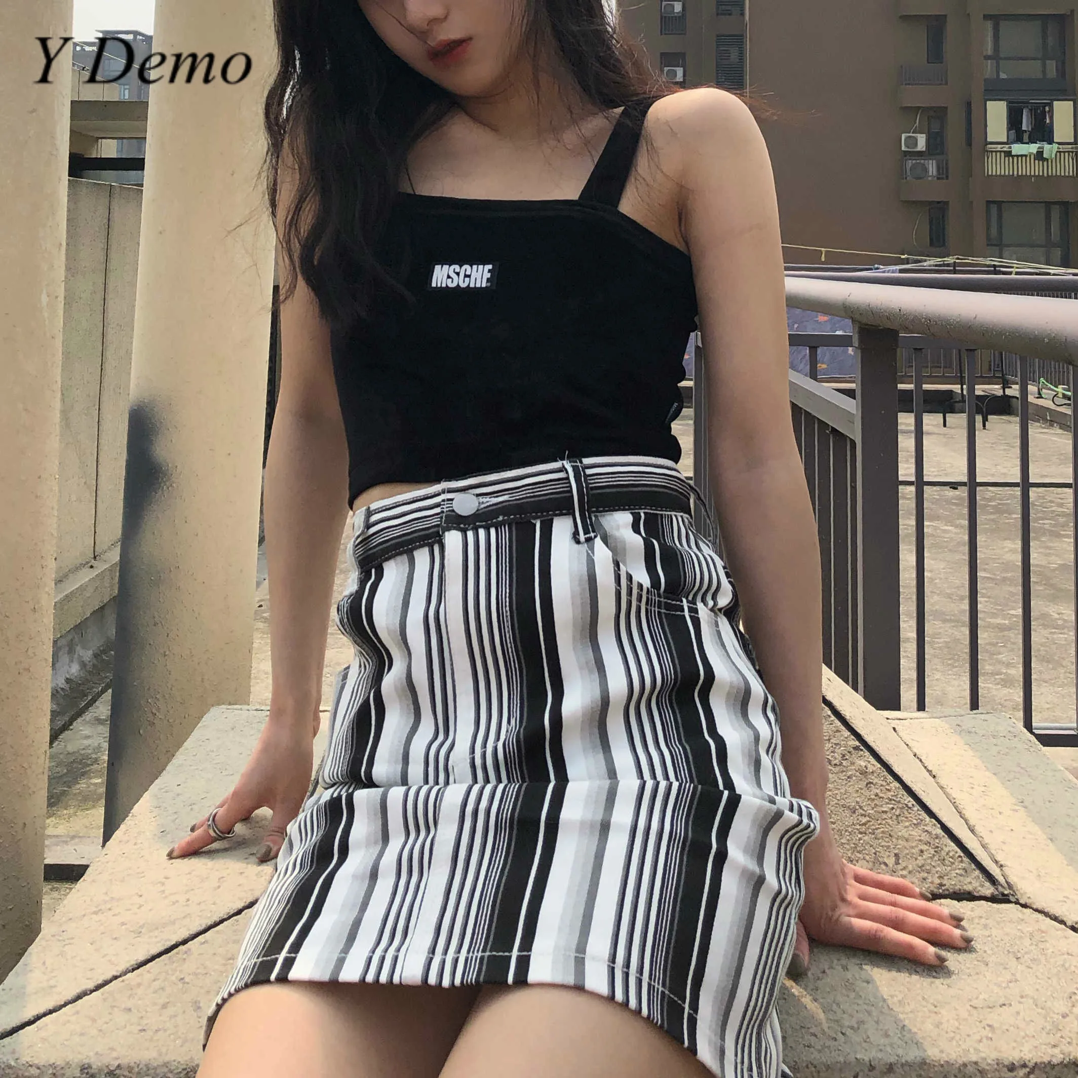 Корейская винтажная полосатая Повседневная Женская мини-юбка с высокой талией