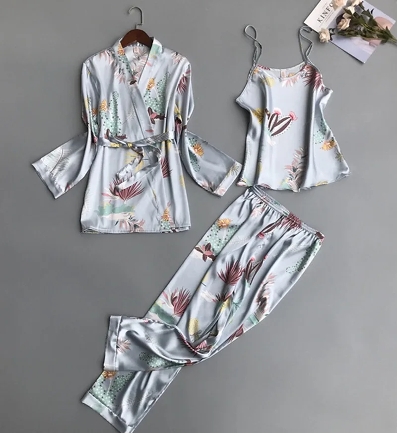 Женские пижамные комплекты из 3 предметов, модная атласная пижама на тонких бретелях, женская пижама с цветочным принтом и длинным рукавом, домашняя одежда, пижама