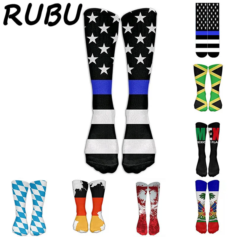 

RUBU 2018 women Mujer unisex Fashion long Socks cartoon stripe National flag Art Socks for female cotton Print Socks 7D6