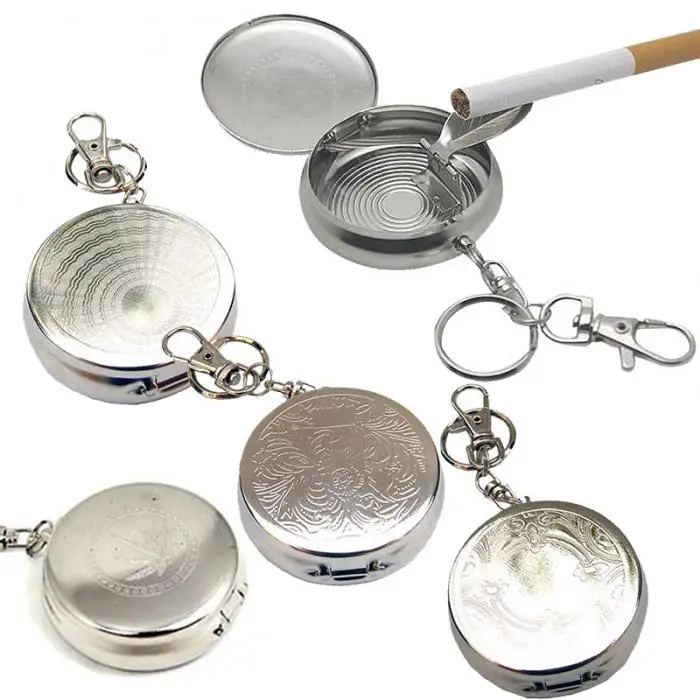 Round Pocket Portable Cigarette Ashtray with Lid Keychain by Stainless Steel DTT88