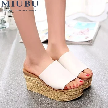 

MIUBU New Summer Fish Head Sandals Thick Soles Waterproof Wedge Sandals Casual Flip Flops Free Shipping