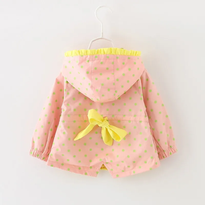 [3 цвета] брендовые новые весенне-осенние детские пальто для девочек, одежда модный Тренч в горошек с капюшоном для маленьких девочек 4-24 месяцев