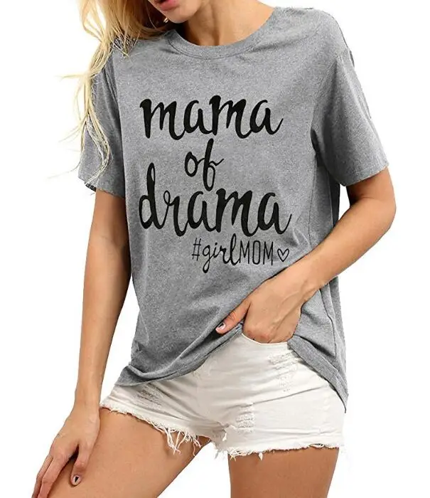 Women Mama Of Drama Letter Print Shirts Summer Short Sleeve Top Tee T