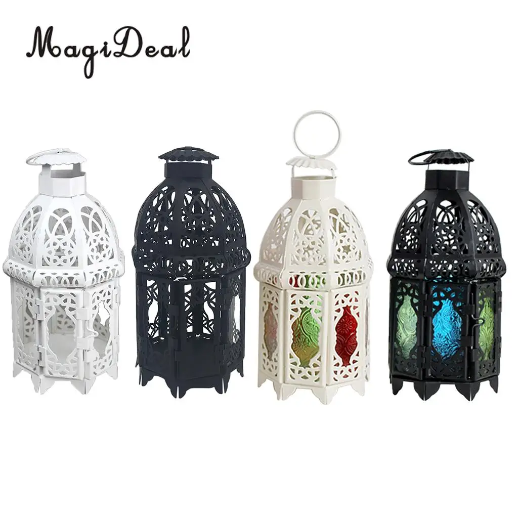 Moroccan Vintage Metal Hollow Glass Moroccan Hanging Tea Light Holder Candle Lantern Xmas Decor
