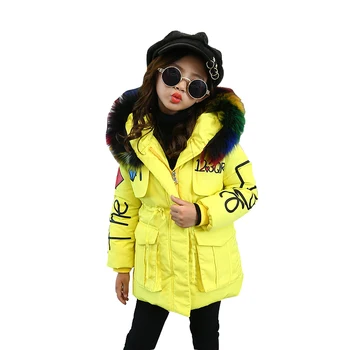 

Rlyaeiz 2018 Winter Jackets For Girls Large Fur Collar Fashion Love Printed Girls Parka Coats Thick Warm Girl's Mid-long Outwear