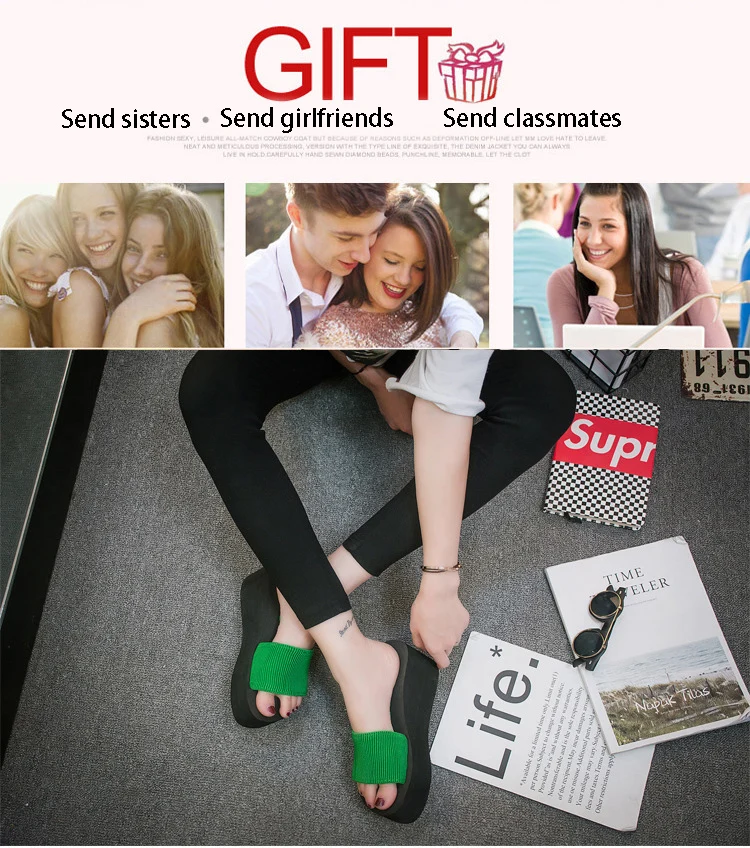 Summer Woman Shoes High Heel Slippers Platform bath slippers Wedge Beach Flip Flops  For Women Brand Black EVA Ladies Shoes (34)