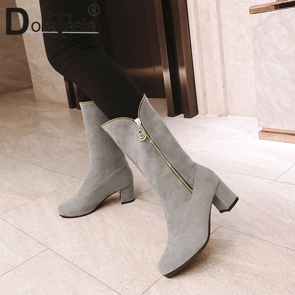

DORATASIA Med Calf Boots Woman Fashion Concise Zippers Round Toe Square High Heels women's Boots Woman Plus Size 33-48