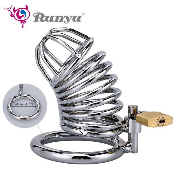 RunYu 40/45/50mm Lockable Penis Lock Stainless Steel Cock Cage Penis Metal Ring Chastity Device