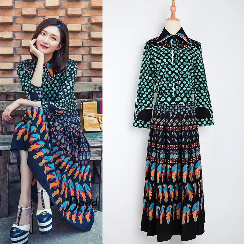 

S-XXXL Top Fashion Women's Summer Vintage Bohemian Outfit Printed Blouse Long Skirt Runway 2 Piece Set Retro Twin Set tracksuit