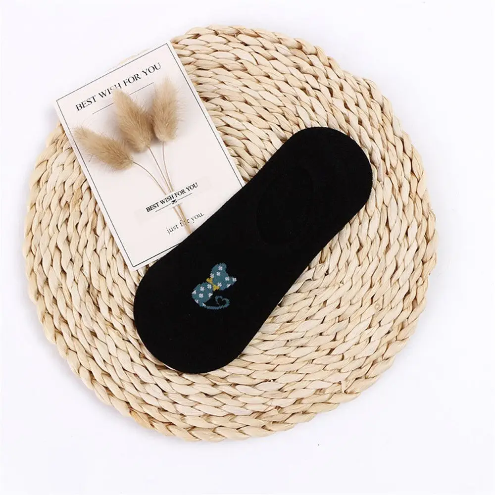 Милые весенне-Летние низкие носки лодочкой с котом женские нескользящие хлопковые Повседневные Носки Модные неглубокие невидимые носки - Цвет: black