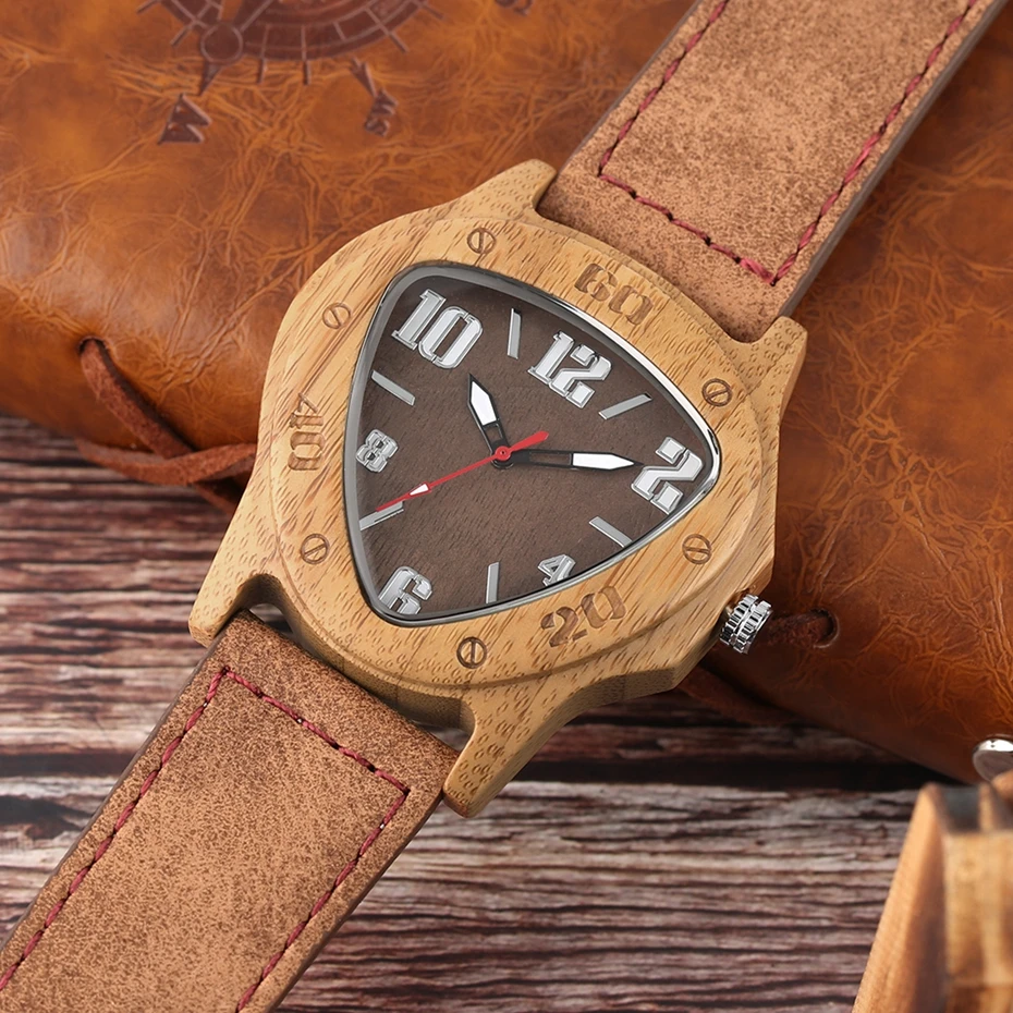 Mens Wooden Watch Creative Inverted Geometric Triangle Shaped Big Numbers Dial Quartz Clock Male Genuine Leather Reloj de madera 2017 Christmas Gifts (11)