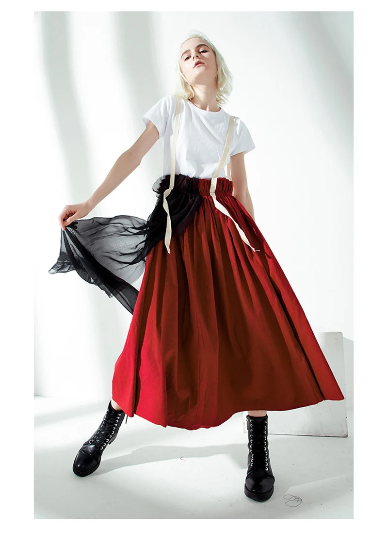 [EAM] New Spring Summer High Elastic Waist Hit Color Wine Red Mesh Stitch Strap Half-body Skirt Women Fashion Tide JU731