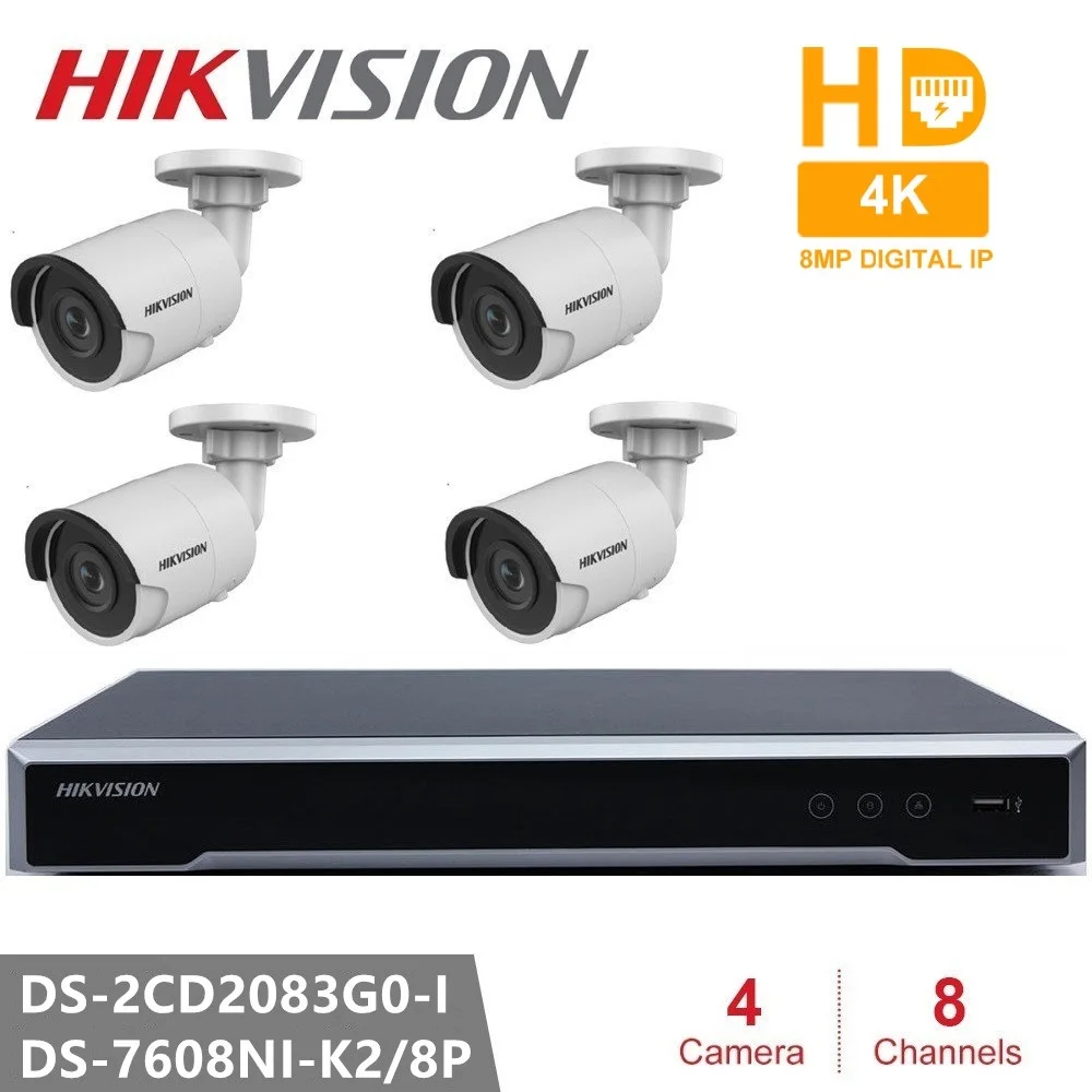 Hikvision Открытый видеонаблюдения Системы 8CH NVR + 4 штук ip-камера DS-2CD2083G0-I 8MP пуля сети Камера POE H.265