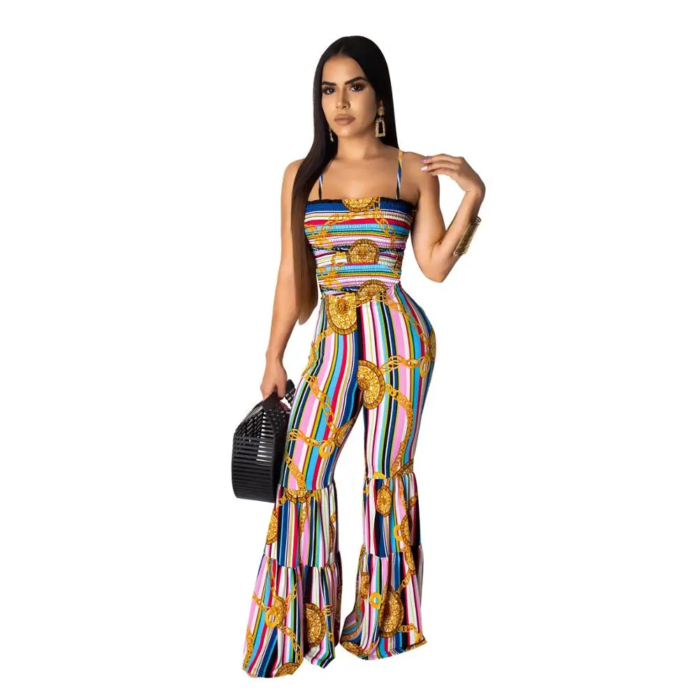 

Rompers Women's Jumpsuits Sexy Sling Trumpet Overalls Beach Bohe Summer Female Bodysuits Printed Stripe Casual Playsuits Ladies