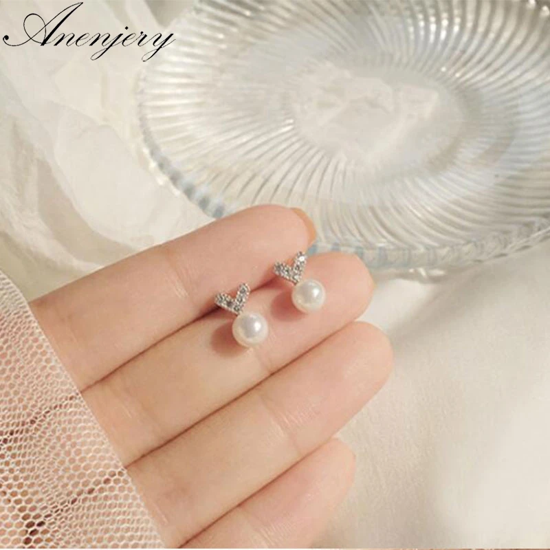 

Anenjery Cut Fashion 925 Sterling Silver Earrings For Women Student Micro Zircon Love Heart Simulated Pearl Stud Earrings S-E563