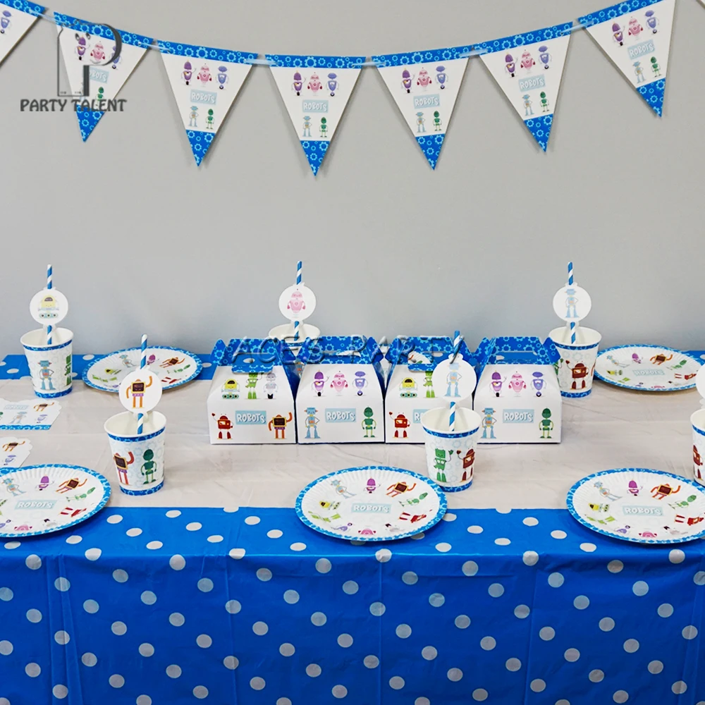

For 12kids 62pcs Robot theme birthday party supplie tableware set, plate+straw+glass+tablecover+banner+invitations+candybox