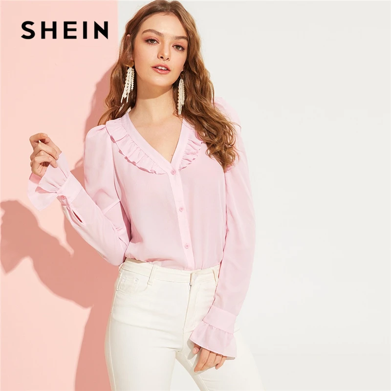 

SHEIN Romantic Pink Ruffle Trim V Neck Solid Buttoned Blouse Women Spring Flounce Sleeve Elegant Sweet Womens Tops and Blouses