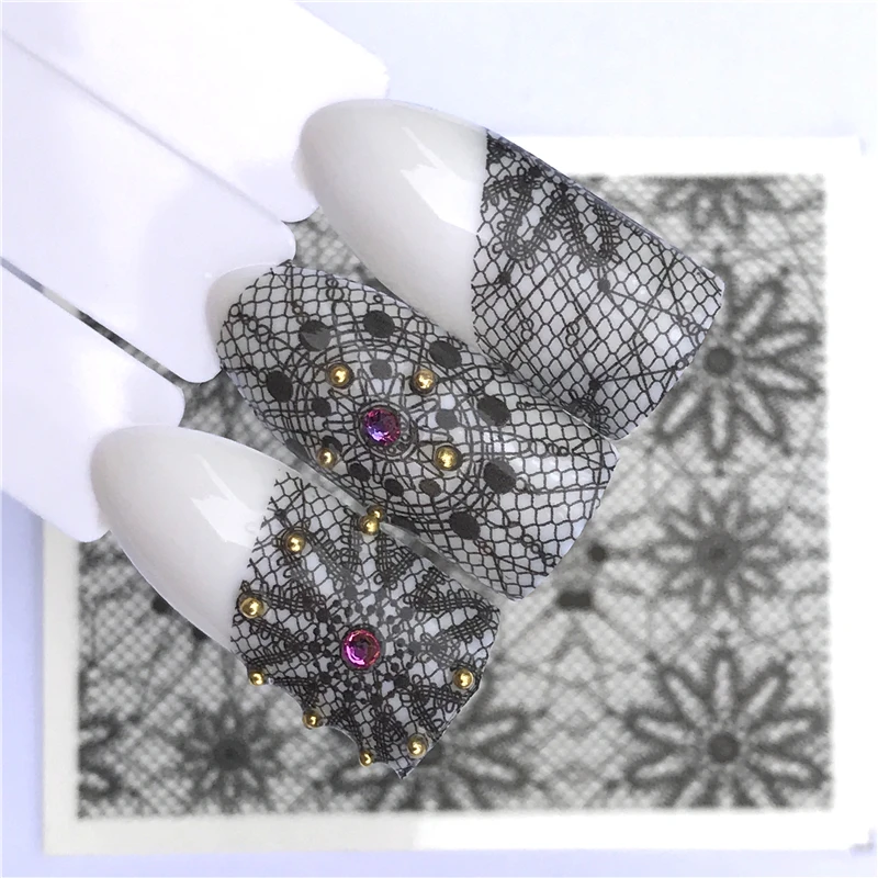

YWK Nails Water Transfer Nail Art Stickers Decals Black Lace Flowers Design DIY French Manicure