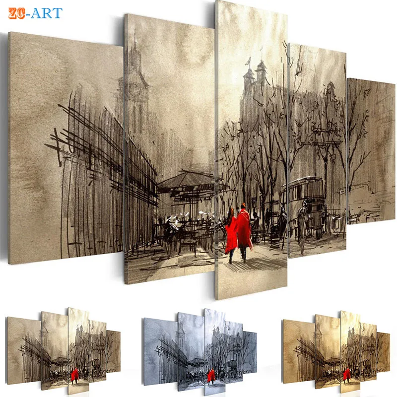 

Couple Poster Canvas Art 5 Pieces Abstract Painting Avenue Modern Nostalgic Wall Art Modular Pictures Home Decor Gift for Her