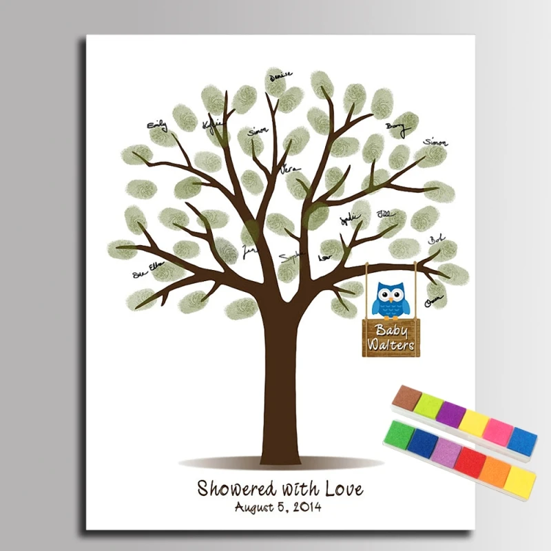 Fingerprint Signature Tree Painting BabyShower Party Decoration Fingerprint Guest Book Cartoon Owl Canvas Painting Birthday Gift
