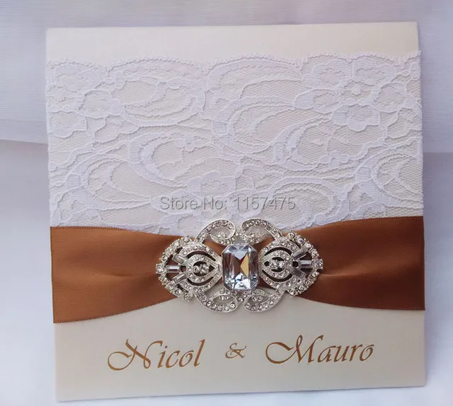 hi1021 customized bi fold invitation with white lace and ribbon and